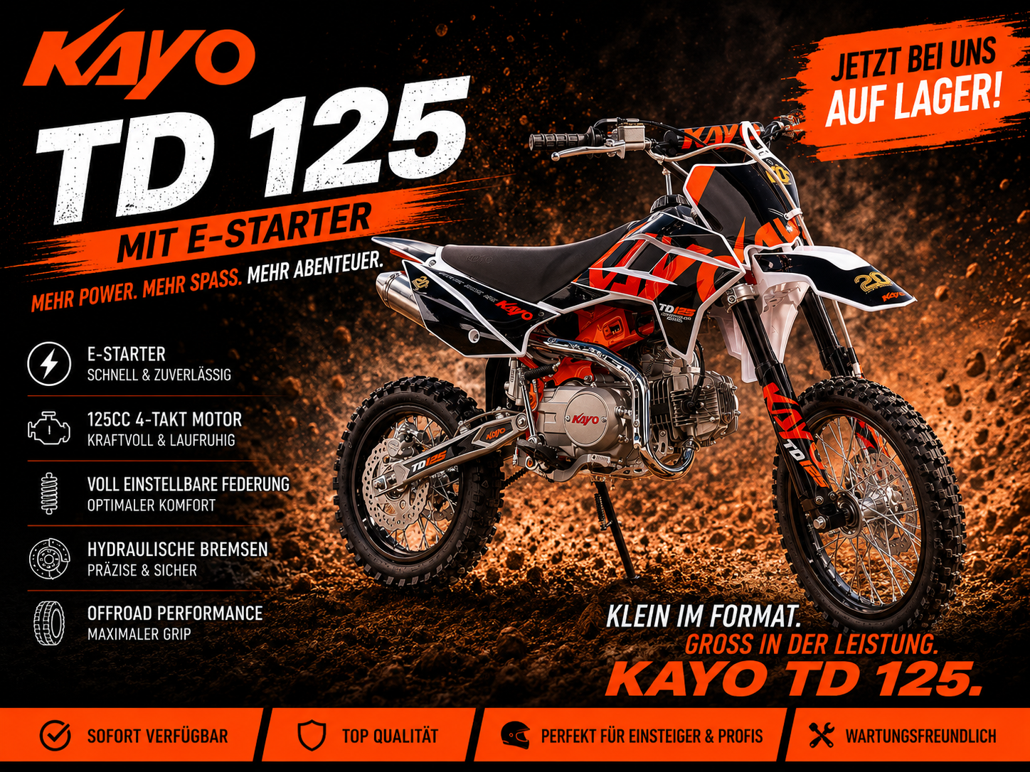 Kayo TD 125 mit 12/14“ Räder 4 Gang Schalter - E-Start & Kickstart