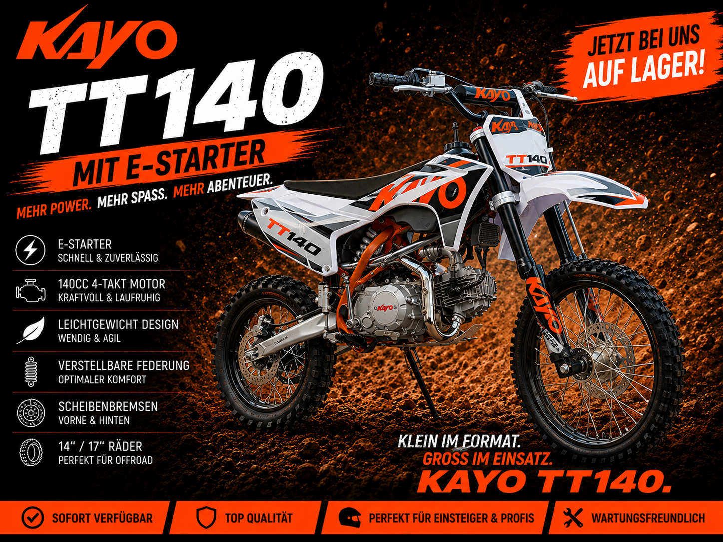Kayo TT140 Dirtbike mit 14" 17" Räder - * NEU mit E-Starter *