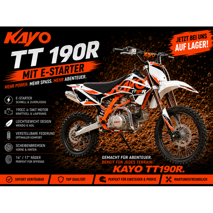 Kayo Dirtbike TT190R mit 14/17“ Räder voll einstellbares Fahrwerk und E-Start