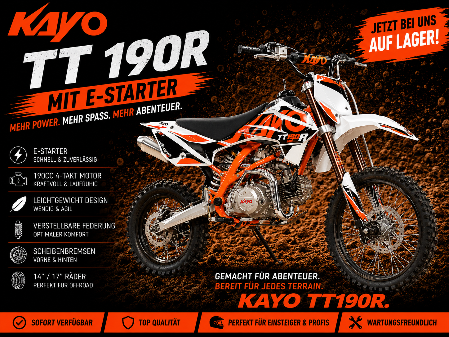 Kayo Dirtbike TT190R mit 14/17“ Räder voll einstellbares Fahrwerk und E-Start