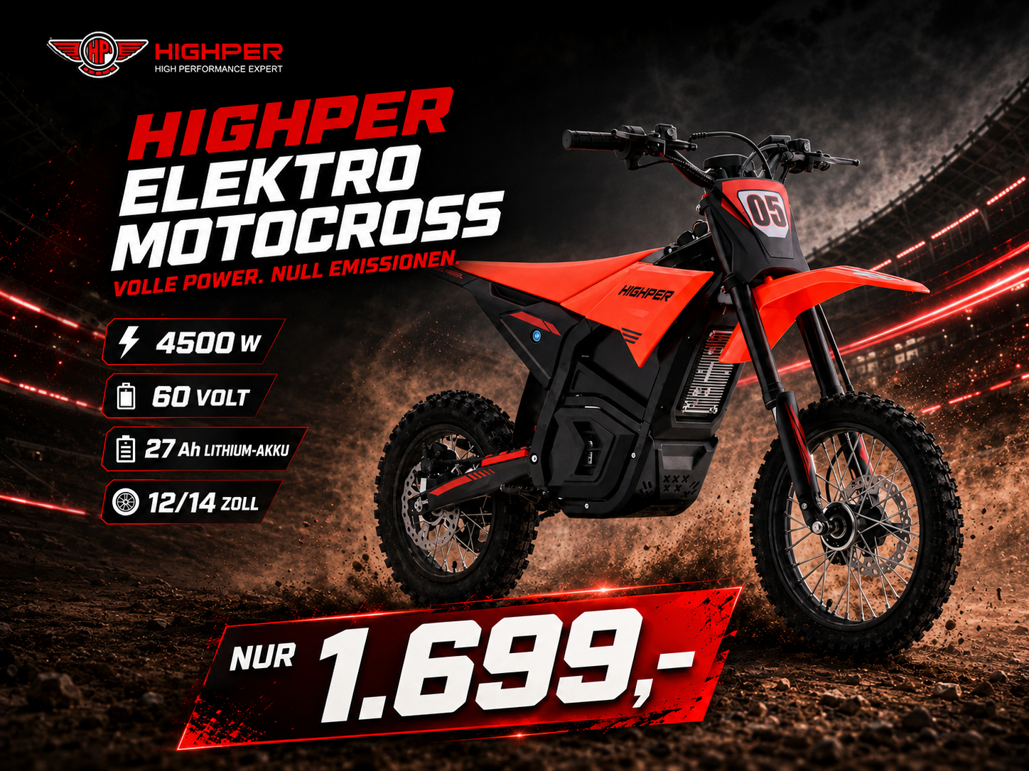 Highper Elektro Motocross KMG HP 130 E 4500W 60 Volt 27Ah Lithium Akku 12/14
