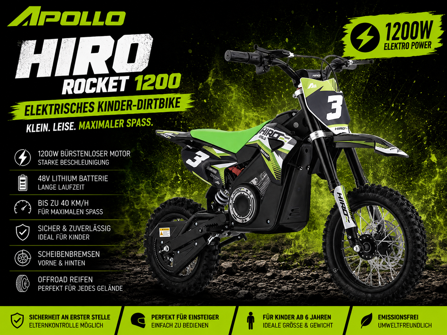 Apollino Rocket Hiro Dirtbike 1000W / max 1200W 36V 10/12 Zoll Lithium Akku 12Ah Elektro Crossbike