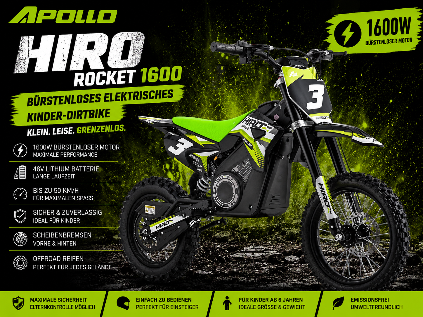 Apollino Rocket Hiro Dirtbike 1300W / max 1600W 48V 14/12 Zoll Lithium Akku 13Ah Elektro Crossbike