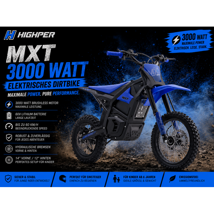 Highper Elektro Motocross MXT 3000W 48 Volt 21Ah Lithium Akku 12/14