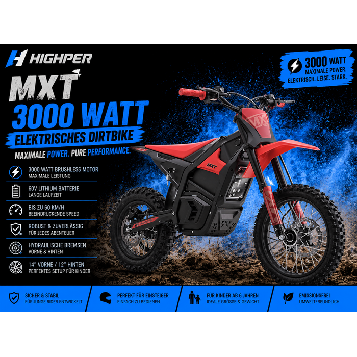 Highper Elektro Motocross MXT 3000W 48 Volt 21Ah Lithium Akku 12/14