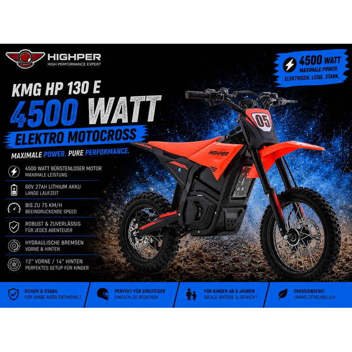 Highper Elektro Motocross KMG HP 130 E 4500W 60 Volt 27Ah Lithium Akku 12/14