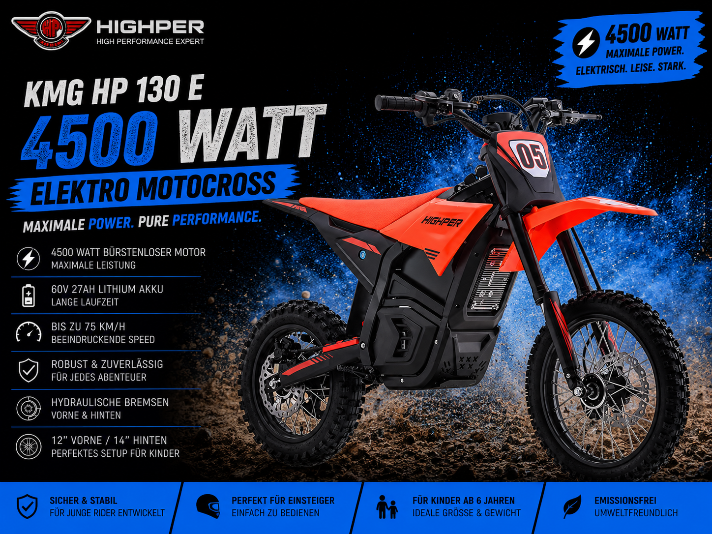Highper Elektro Motocross KMG HP 130 E 4500W 60 Volt 27Ah Lithium Akku 12/14