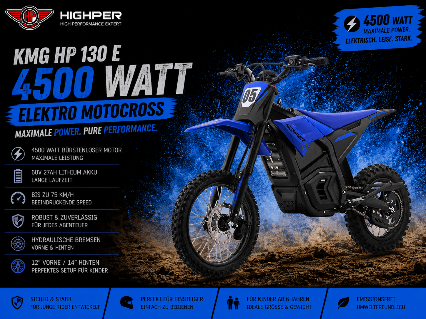Highper Elektro Motocross KMG HP 130 E 4500W 60 Volt 27Ah Lithium Akku 12/14