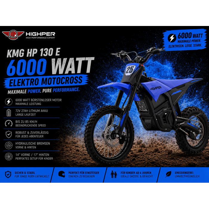 Highper Elektro Motocross KMG HP 130 E 6000W 72 Volt 27Ah Lithium Akku 14/17