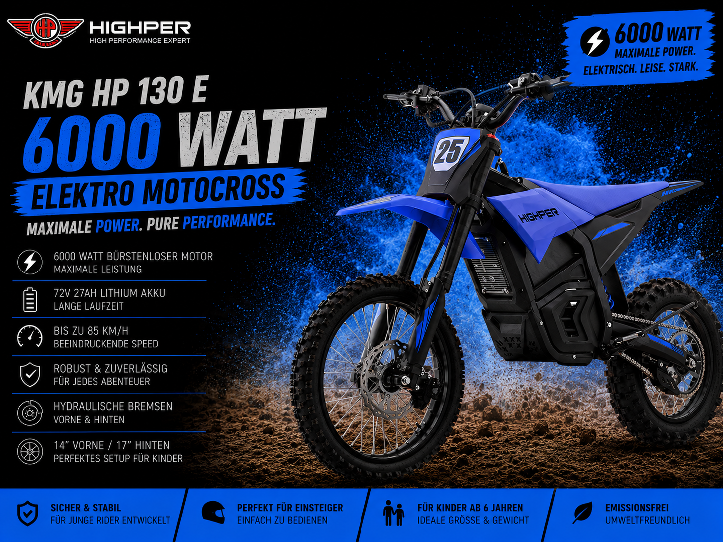 Highper Elektro Motocross KMG HP 130 E 6000W 72 Volt 27Ah Lithium Akku 14/17