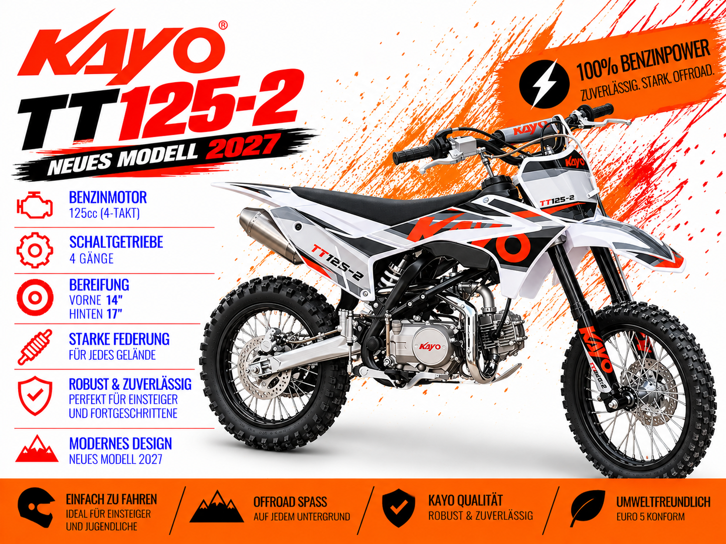 Kayo TT125-2 Dirtbike mit 14" 17" Räder - Schalter