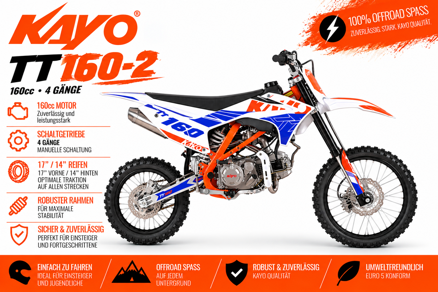 Kayo TT160-2 Dirtbike mit 14" 17" Räder - Schalter