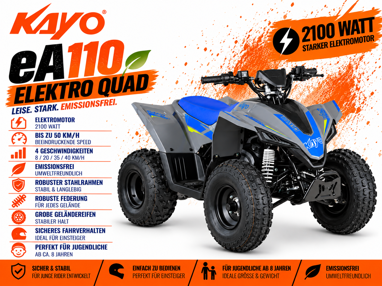 Kayo Kinderquad Elektro eA110 Spitzenleistung bis 2100W 48V