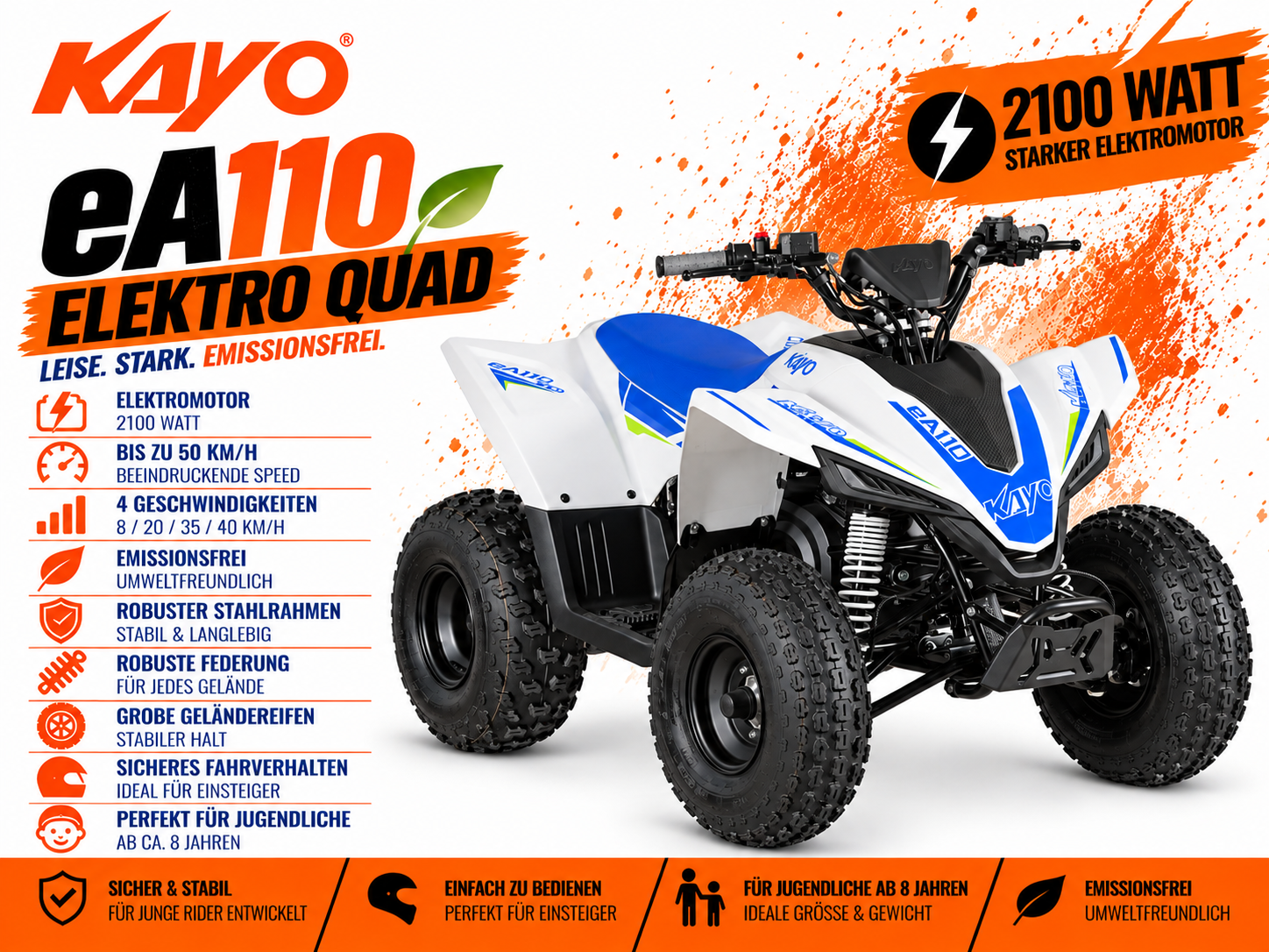 Kayo Kinderquad Elektro eA110 Spitzenleistung bis 2100W 48V