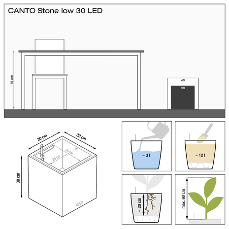 LECHUZA CANTO Stone low LED stone grey