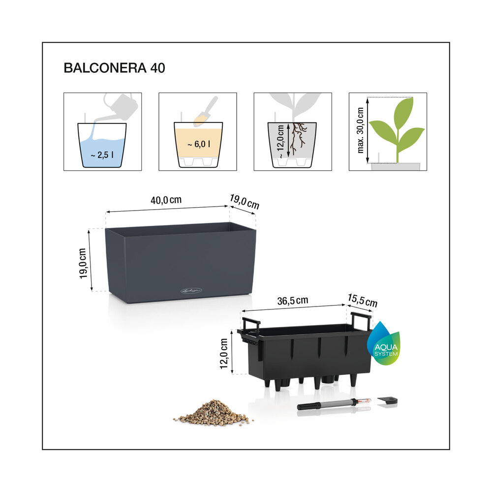 LECHUZA BALCONERA Color 40|50|80|100 slate - with removable inner container - with irrigation system - ALL-IN-ONE set with LECHUZA-PON LECHUZA BALCONERA Color 40|50|80|100 slate - with removable inner container - with irrigation system - ALL-IN-ONE set with LECHUZA-PON