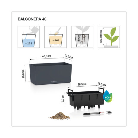 LECHUZA BALCONERA Color 40|50|80|100 slate - with removable inner container - with irrigation system - ALL-IN-ONE set with LECHUZA-PON LECHUZA BALCONERA Color 40|50|80|100 slate - with removable inner container - with irrigation system - ALL-IN-ONE set with LECHUZA-PON