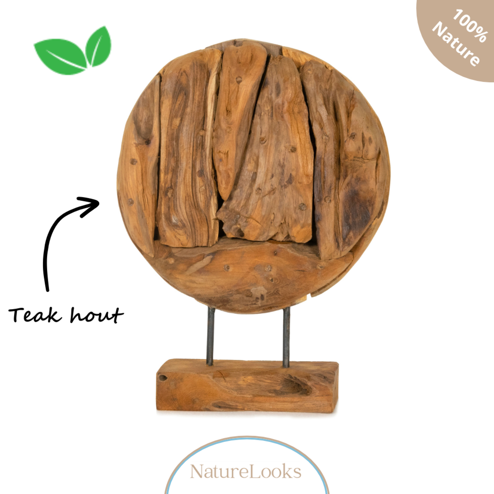 NatureLooks Teakhouten Rondje op standaard - Decoratie voor in huis - Ø 60 cm x 75 cm