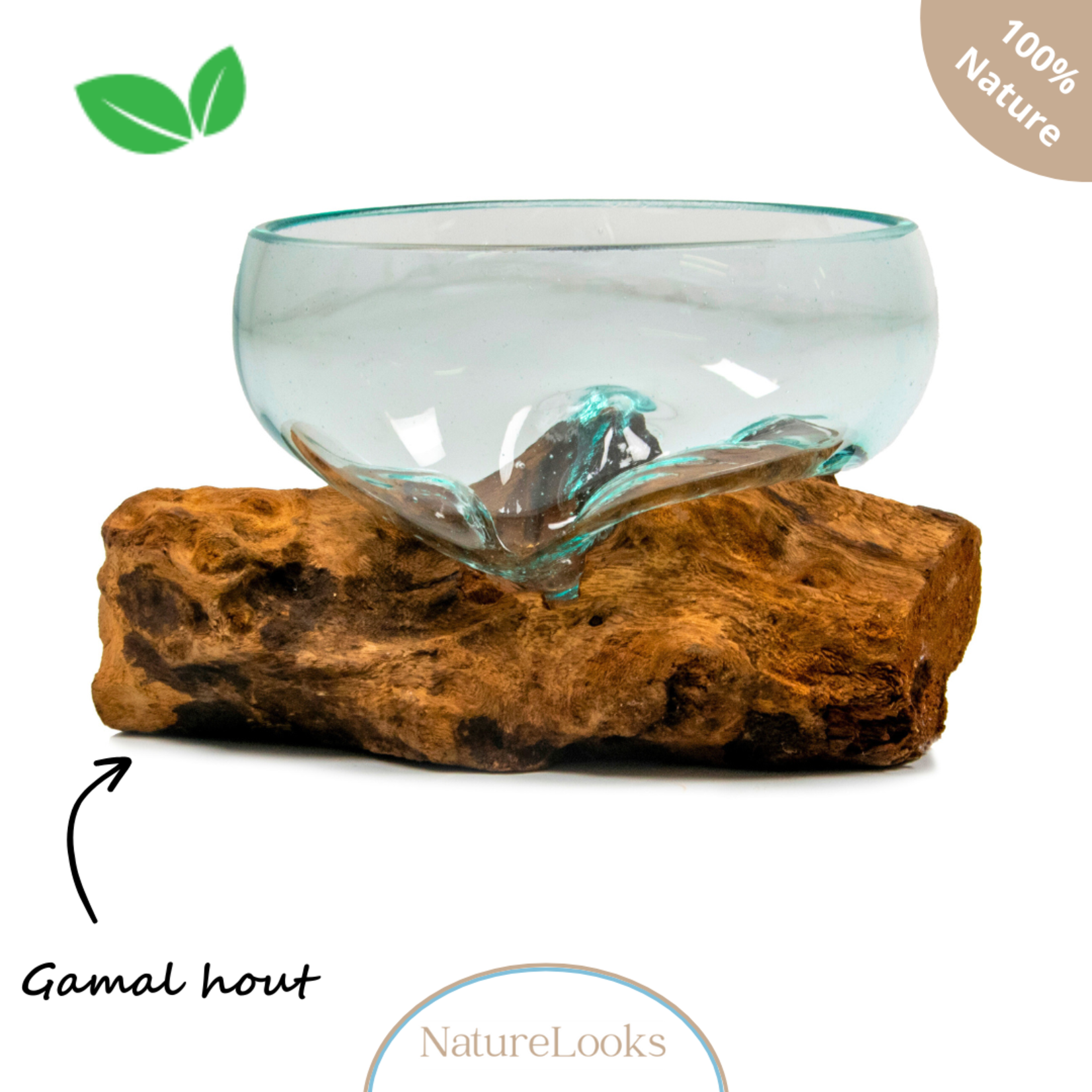 NatureLooks Glazen kom op hout - Decoratie voor in huis - Gemaakt van gamal wortel -15 cm