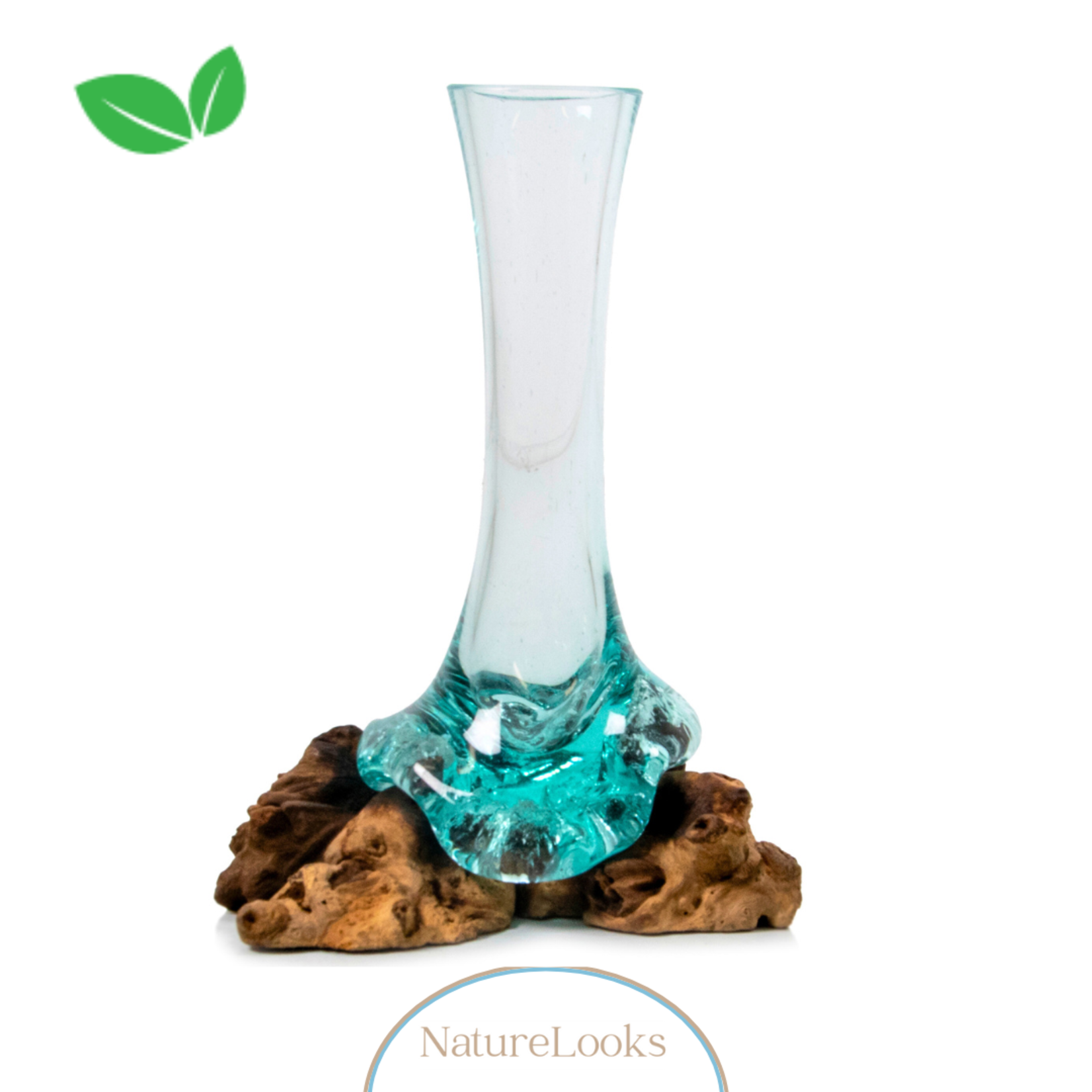 NatureLooks Glazen vaas op gamal wortel - Vaas voor bloemen in huis - 25 cm