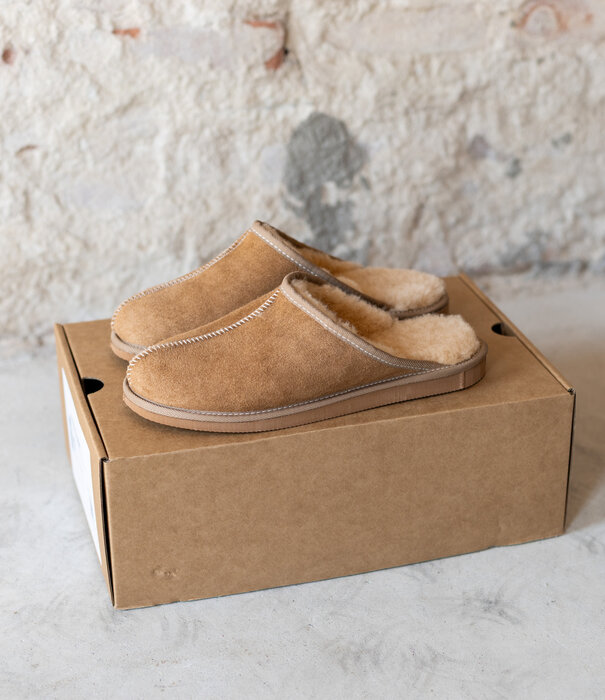 Van Buren sinds 1861 Lamsvacht Heren Slipper Instap Pantoffel Camel