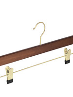 Cintre jupe / pantalon bois hêtre teinté noyer avec crochet doré et pinces antidérapantes
