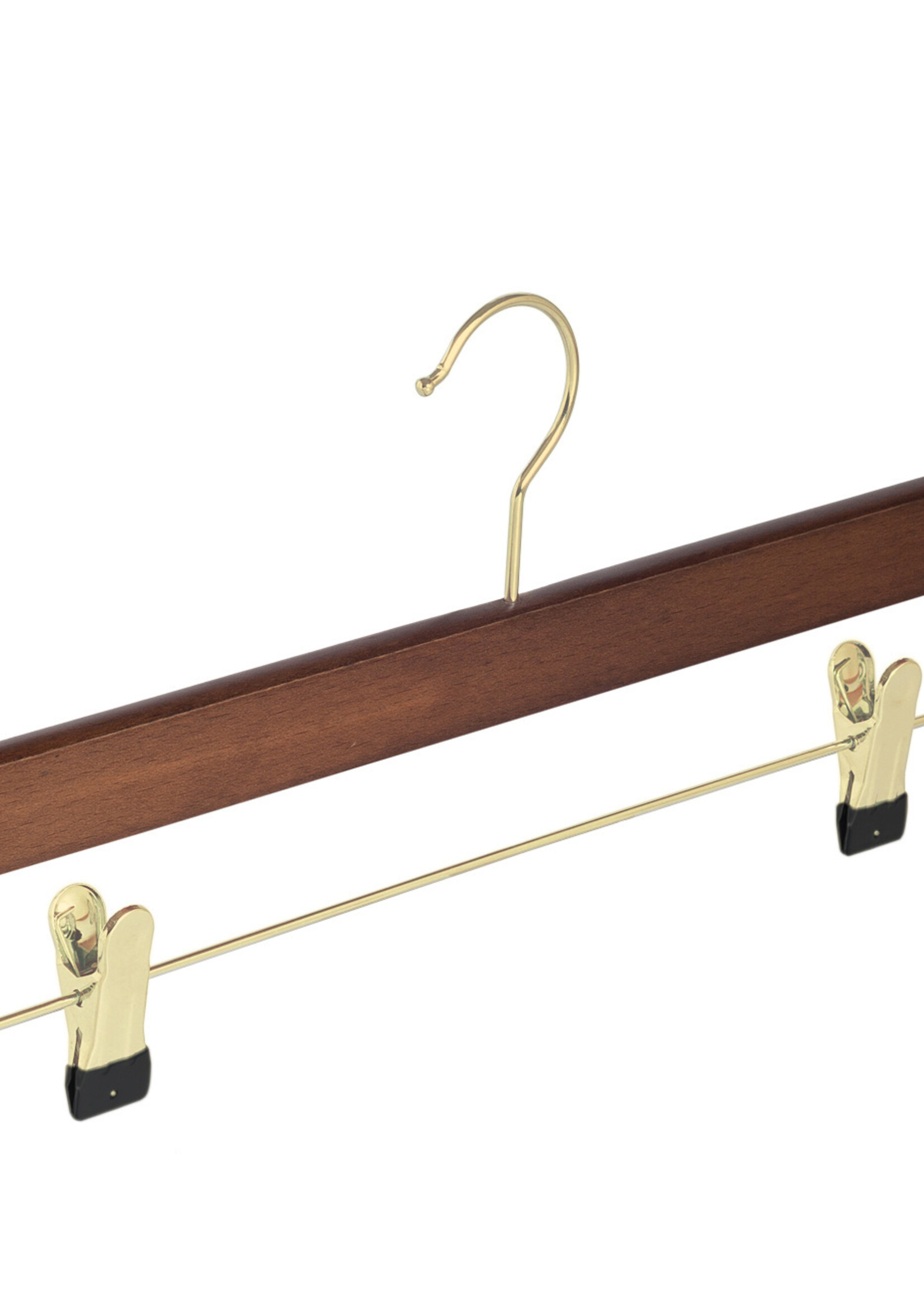 Cintre jupe / pantalon bois hêtre teinté noyer avec crochet doré et pinces antidérapantes