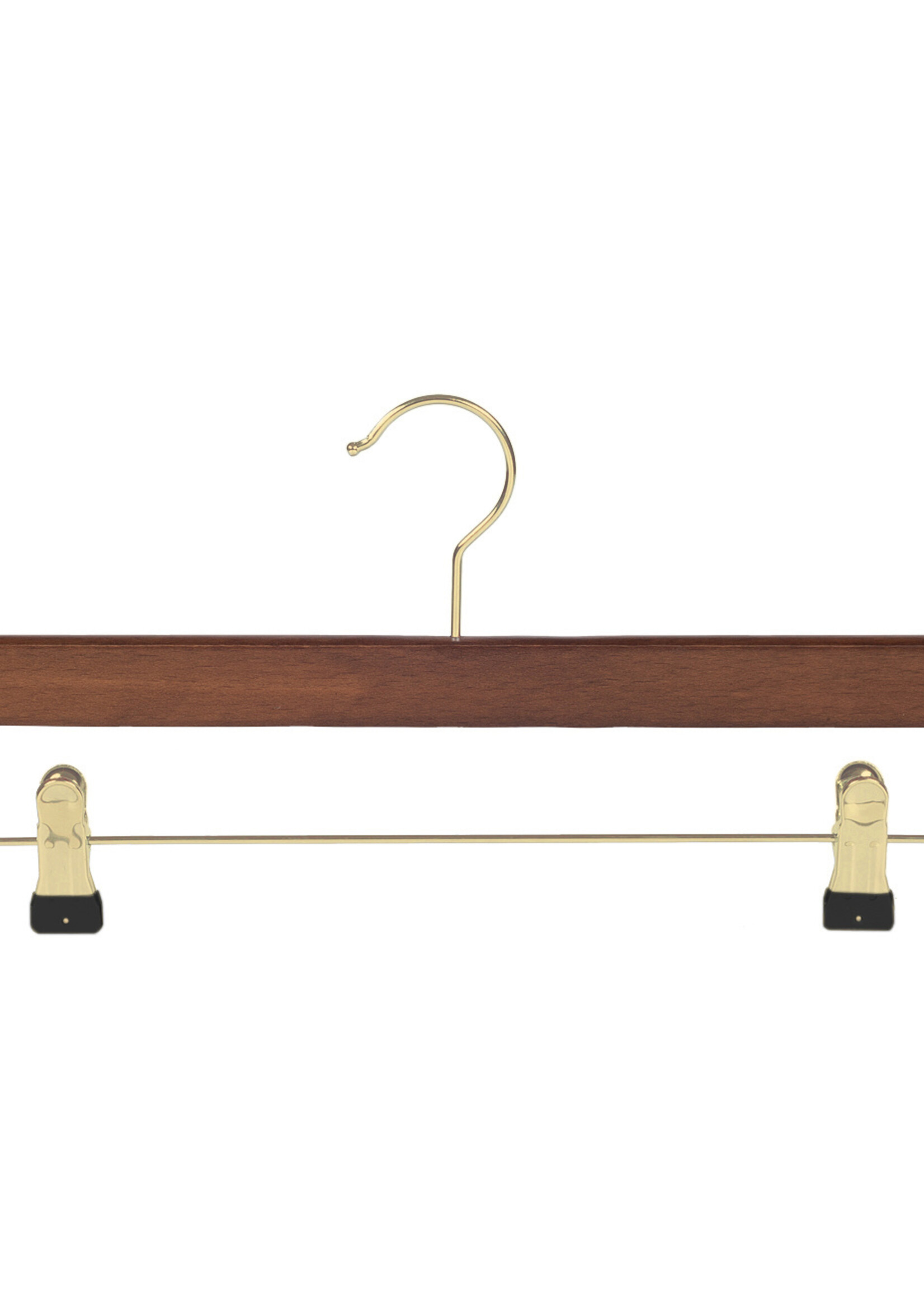 Cintre jupe / pantalon bois hêtre teinté noyer avec crochet doré et pinces antidérapantes