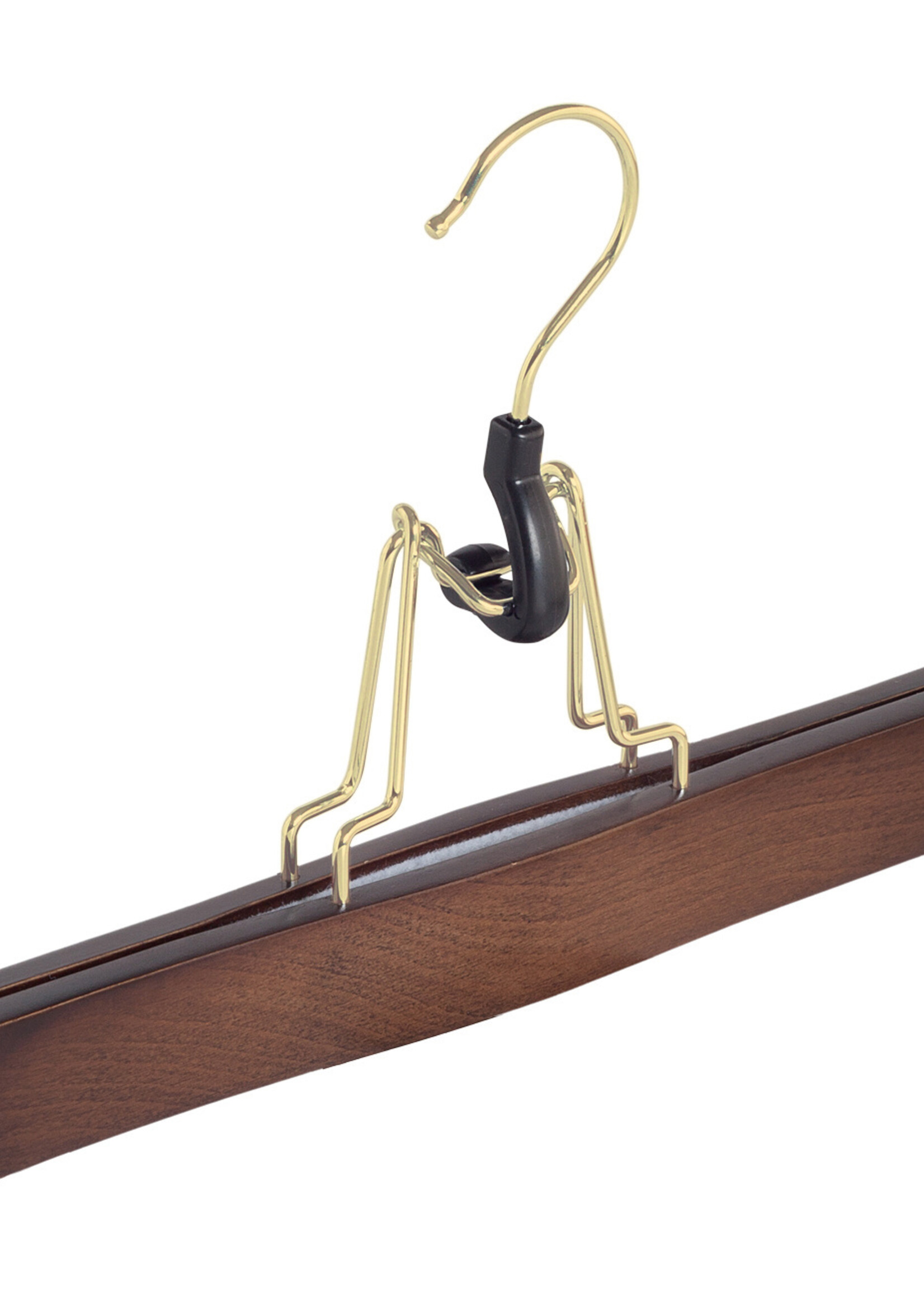 Clip pantalon bois hêtre teinté noyer avec crochet doré et feutre intérieur