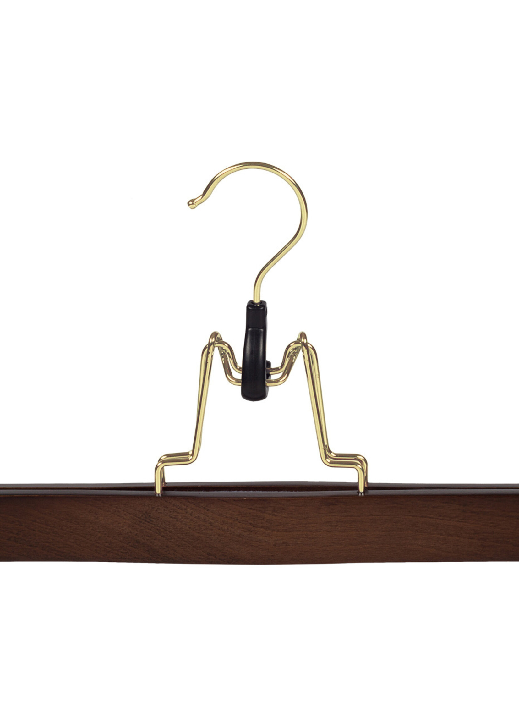 Clip pantalon bois hêtre teinté noyer avec crochet doré et feutre intérieur
