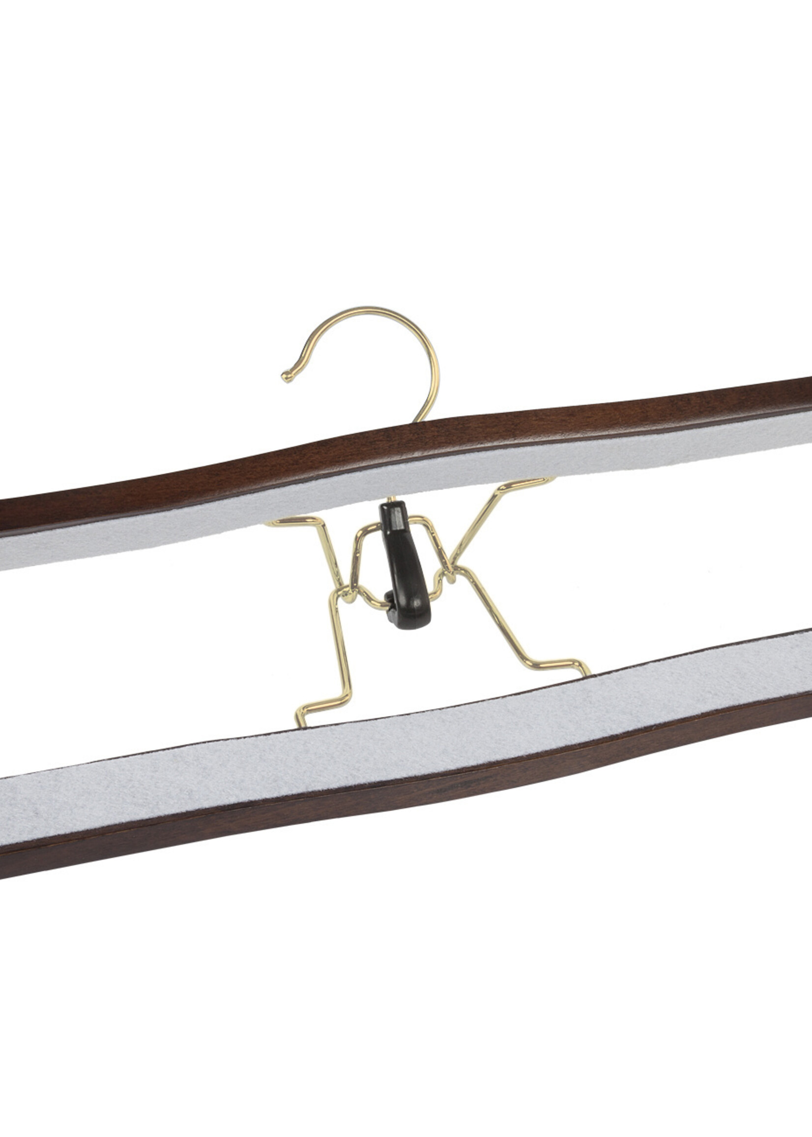 Clip pantalon bois hêtre teinté noyer avec crochet doré et feutre intérieur