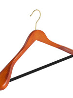 Cintre veste / costume (galbé) bois hêtre teinté cerisier avec crochet doré, épaules larges et barre antidérapant