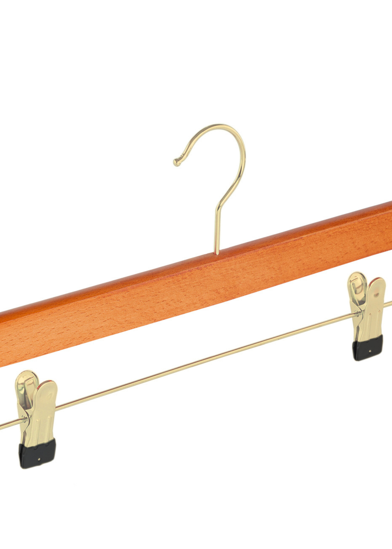 Cintre jupe / pantalon bois hêtre teinté cerisier avec crochet doré et pinces antidérapantes