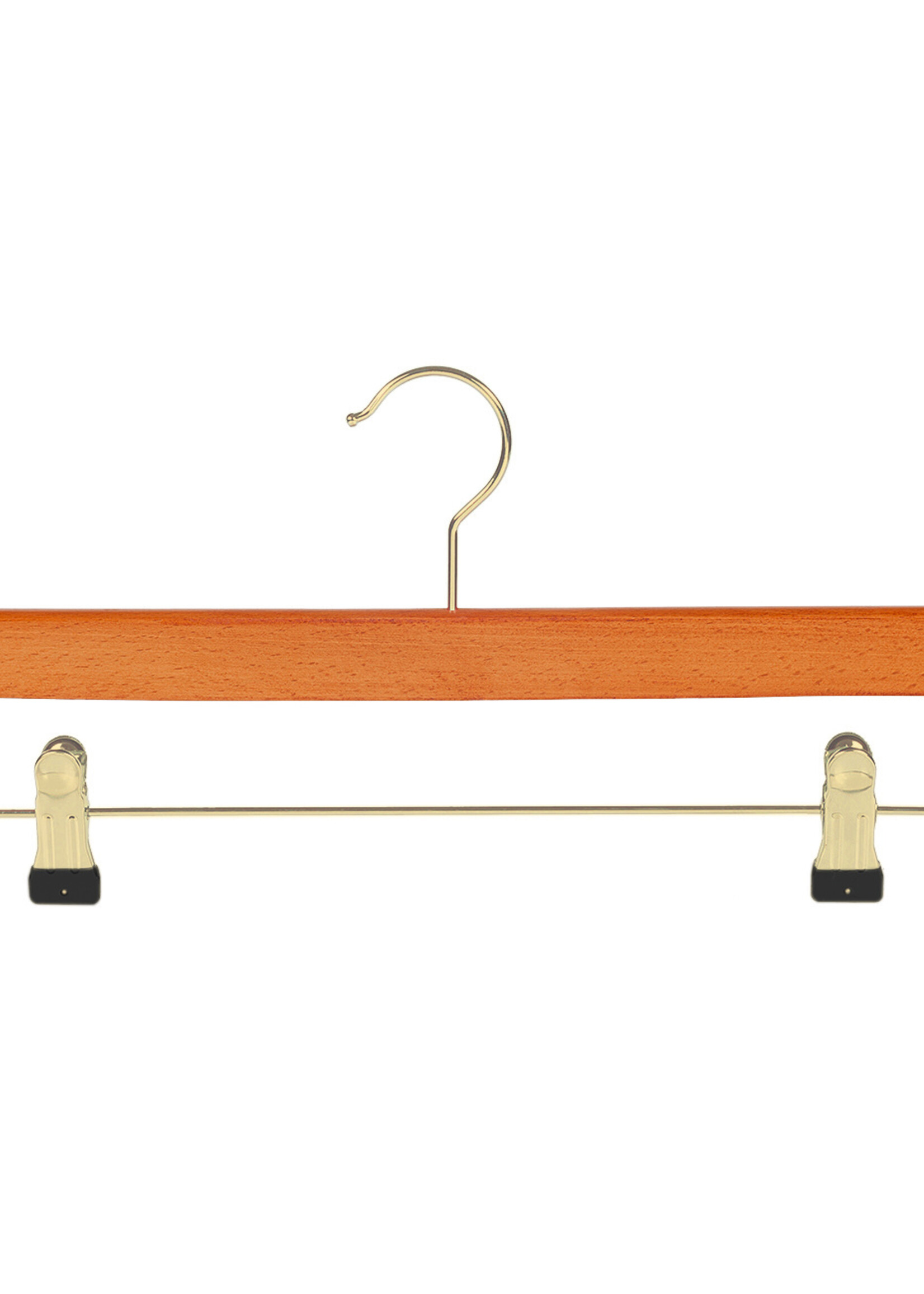 Cintre jupe / pantalon bois hêtre teinté cerisier avec crochet doré et pinces antidérapantes