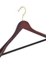 Cintre veste / costume (galbé) bois hêtre teinté acajou avec crochet doré, épaules larges et barre antidérapant