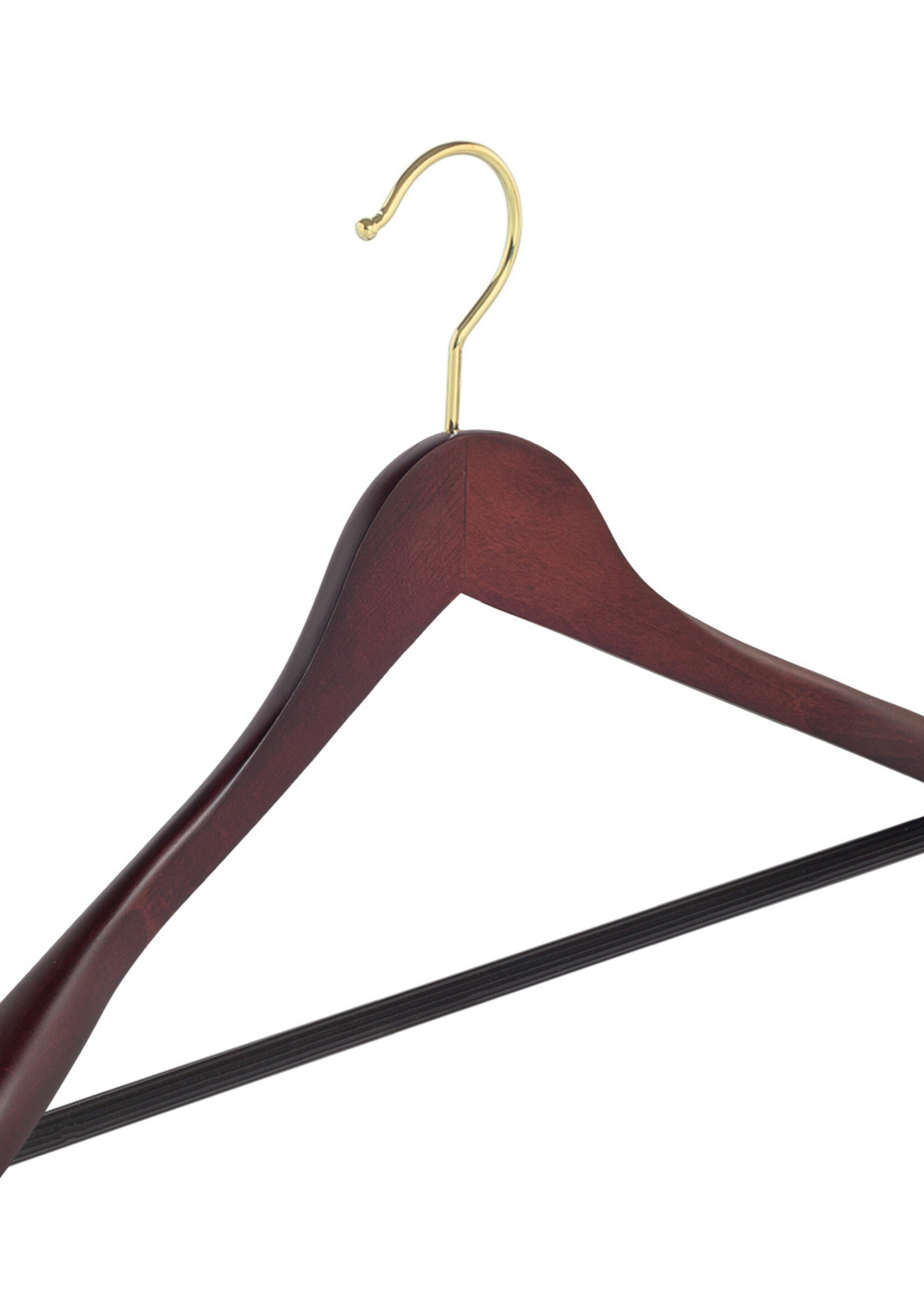 Cintre veste / costume (galbé) bois hêtre teinté acajou avec crochet doré, épaules larges et barre antidérapant