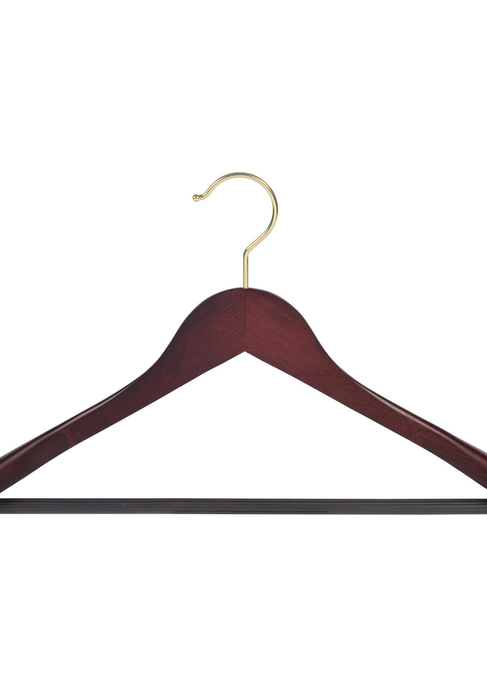 Cintre veste / costume (galbé) bois hêtre teinté acajou avec crochet doré, épaules larges et barre antidérapant
