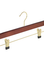 Cintre jupe / pantalon bois hêtre teinté acajou avec crochet doré et pinces antidérapantes