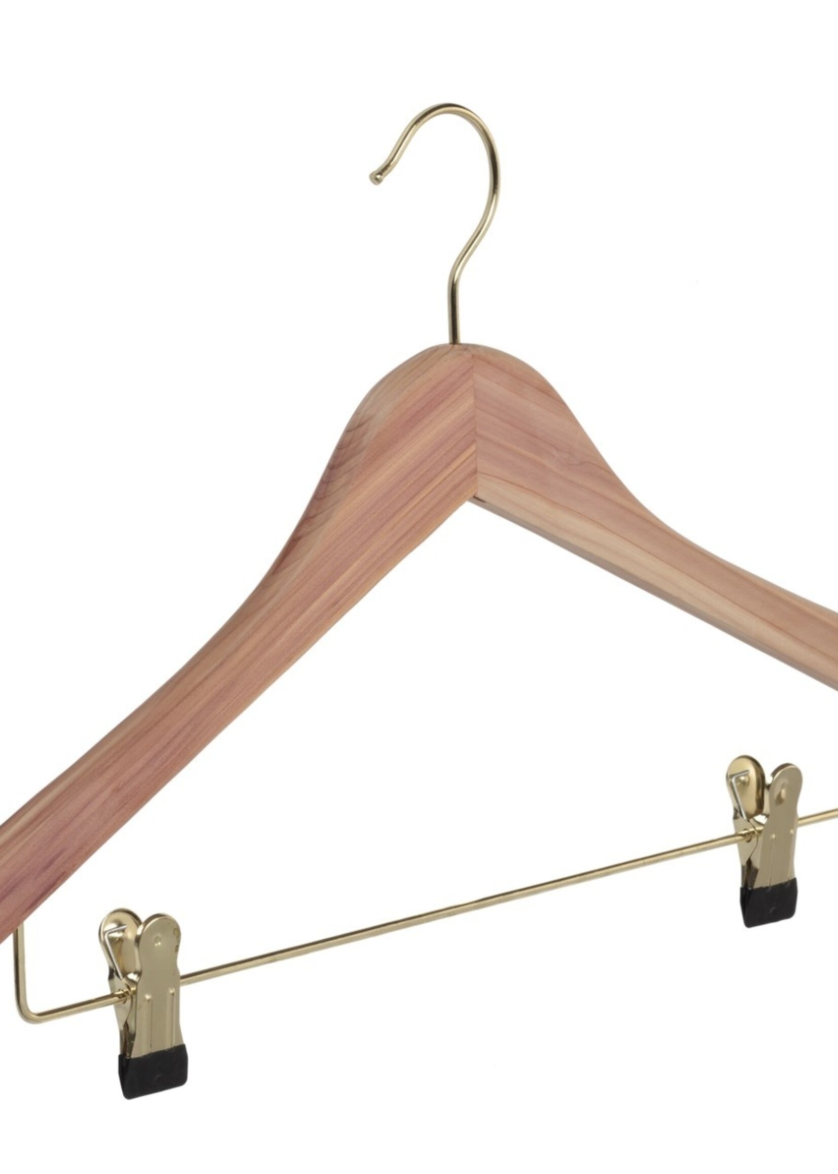 Cintre blouse / chemise (plat) bois cèdre brut avec crochet doré, encoches et barre pinces antidérapantes