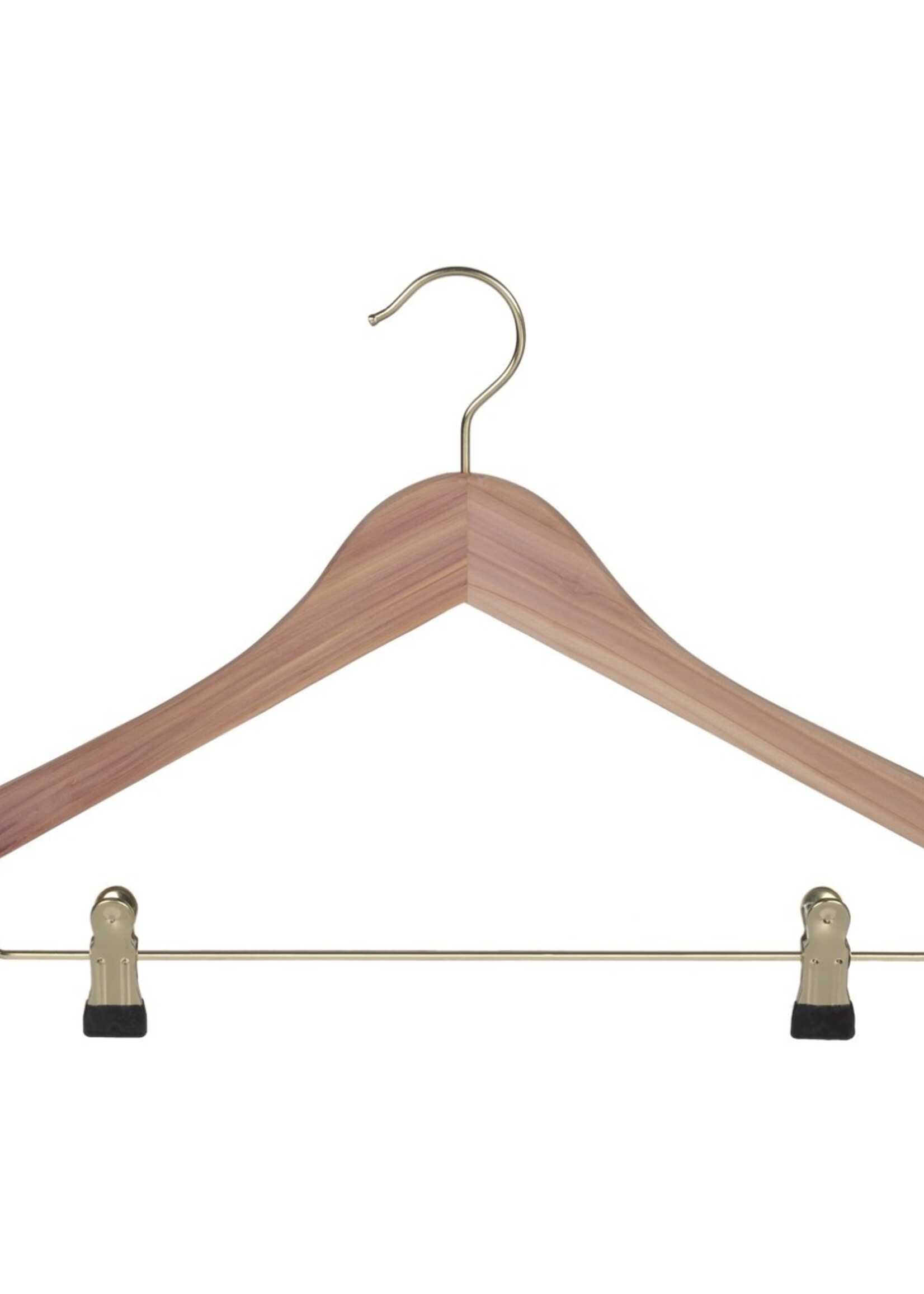 Cintre blouse / chemise (plat) bois cèdre brut avec crochet doré, encoches et barre pinces antidérapantes