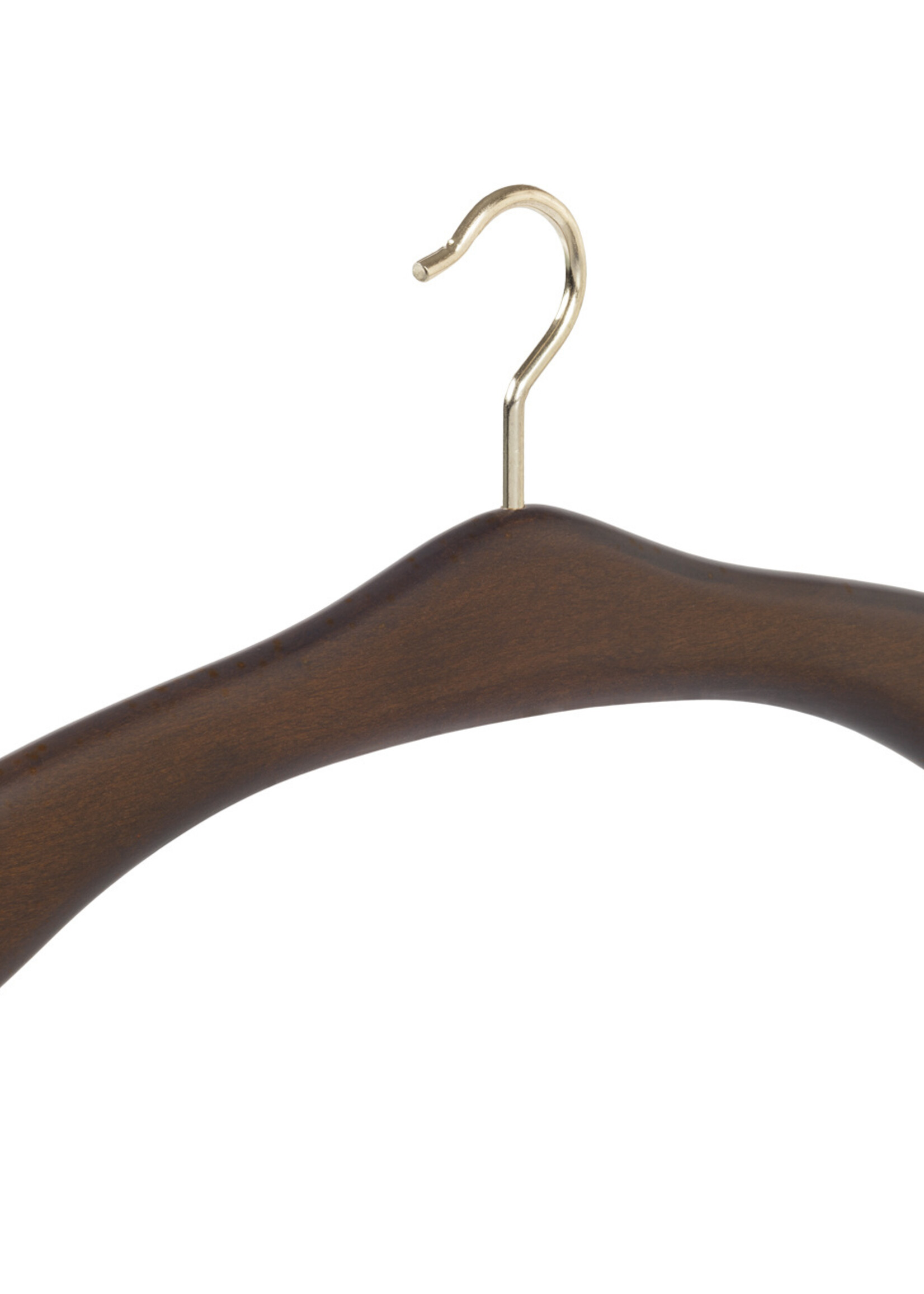 Cintre penderie bois hêtre teinté noyer avec crochet doré