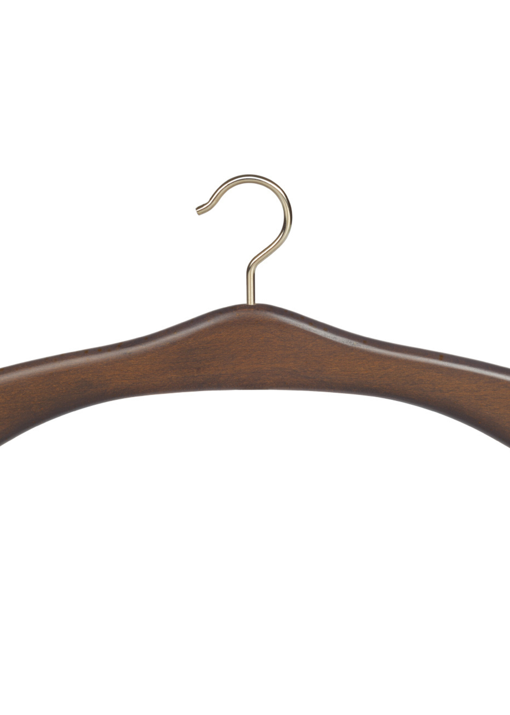 Cintre penderie bois hêtre teinté noyer avec crochet doré