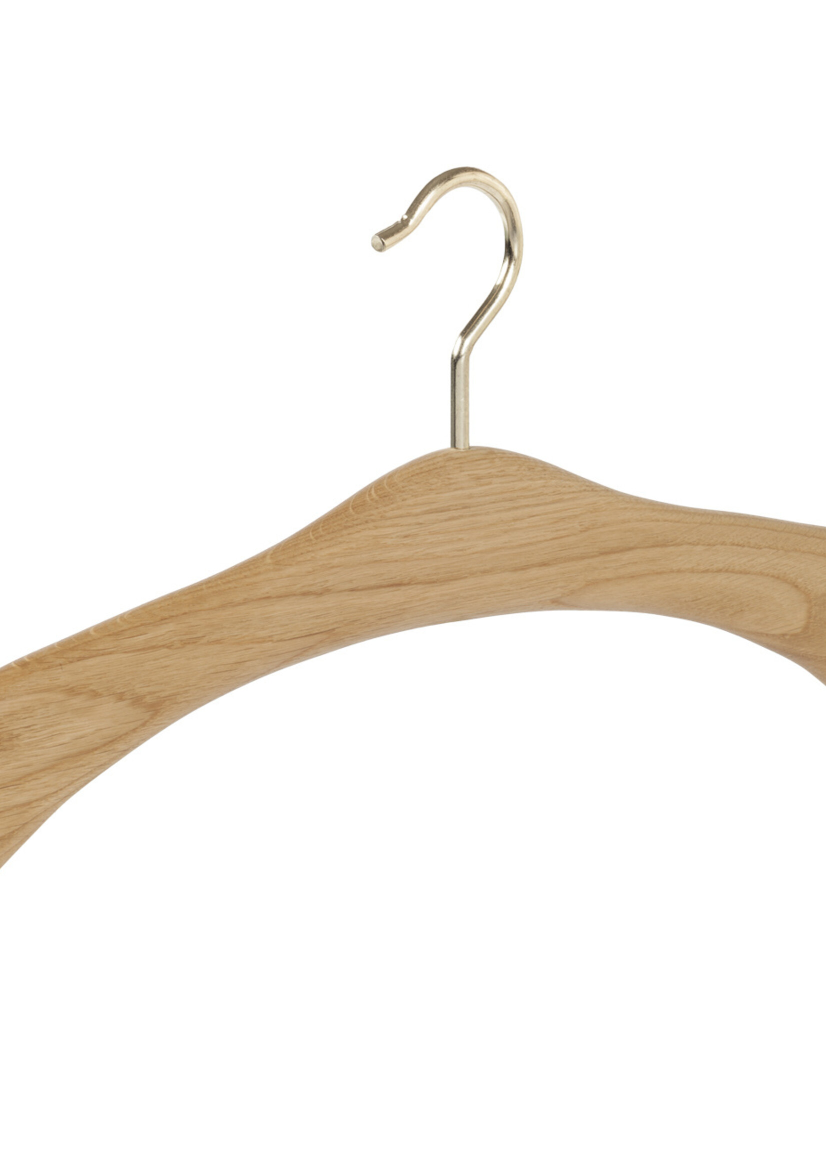 Cintre penderie bois chêne vernis naturel avec crochet doré
