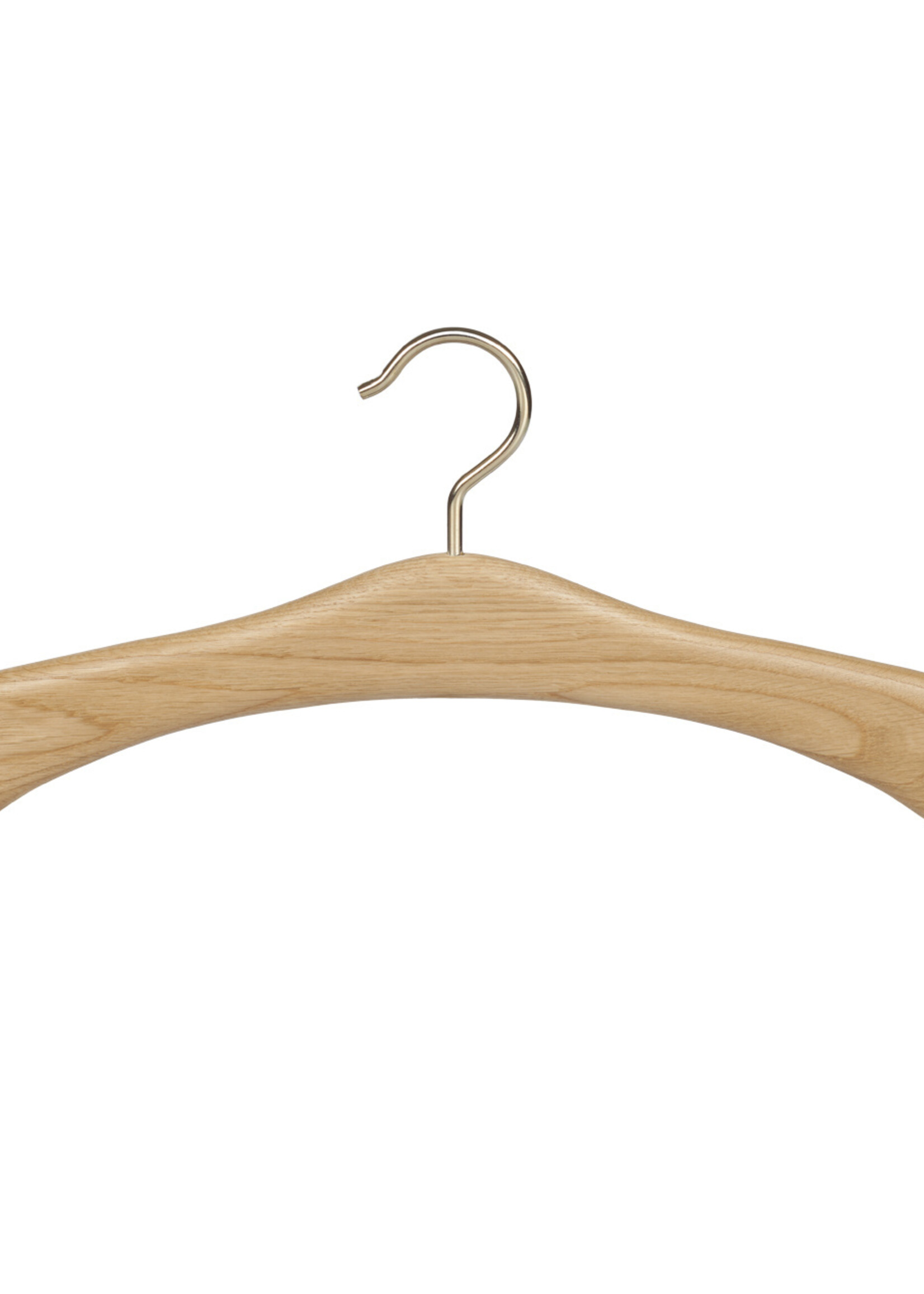 Cintre penderie bois chêne vernis naturel avec crochet doré