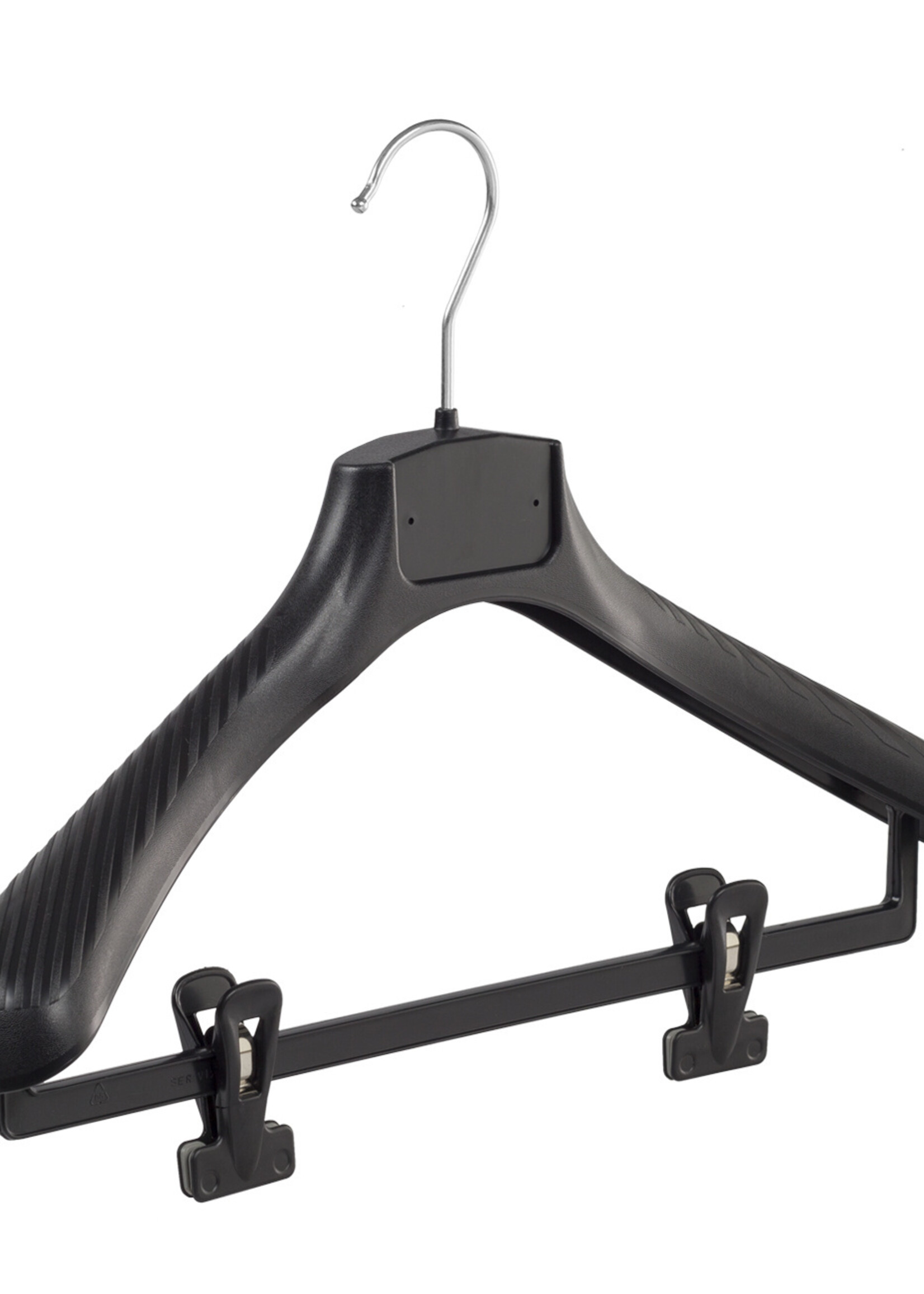 Cintre veste / costume (galbé) plastique noir avec épaules larges et pinces antidérapantes