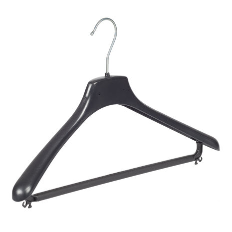 Cintre veste / costume (galbé) plastique noir avec épaules larges et barre Cintre veste / costume (galbé) plastique noir avec épaules larges et barre