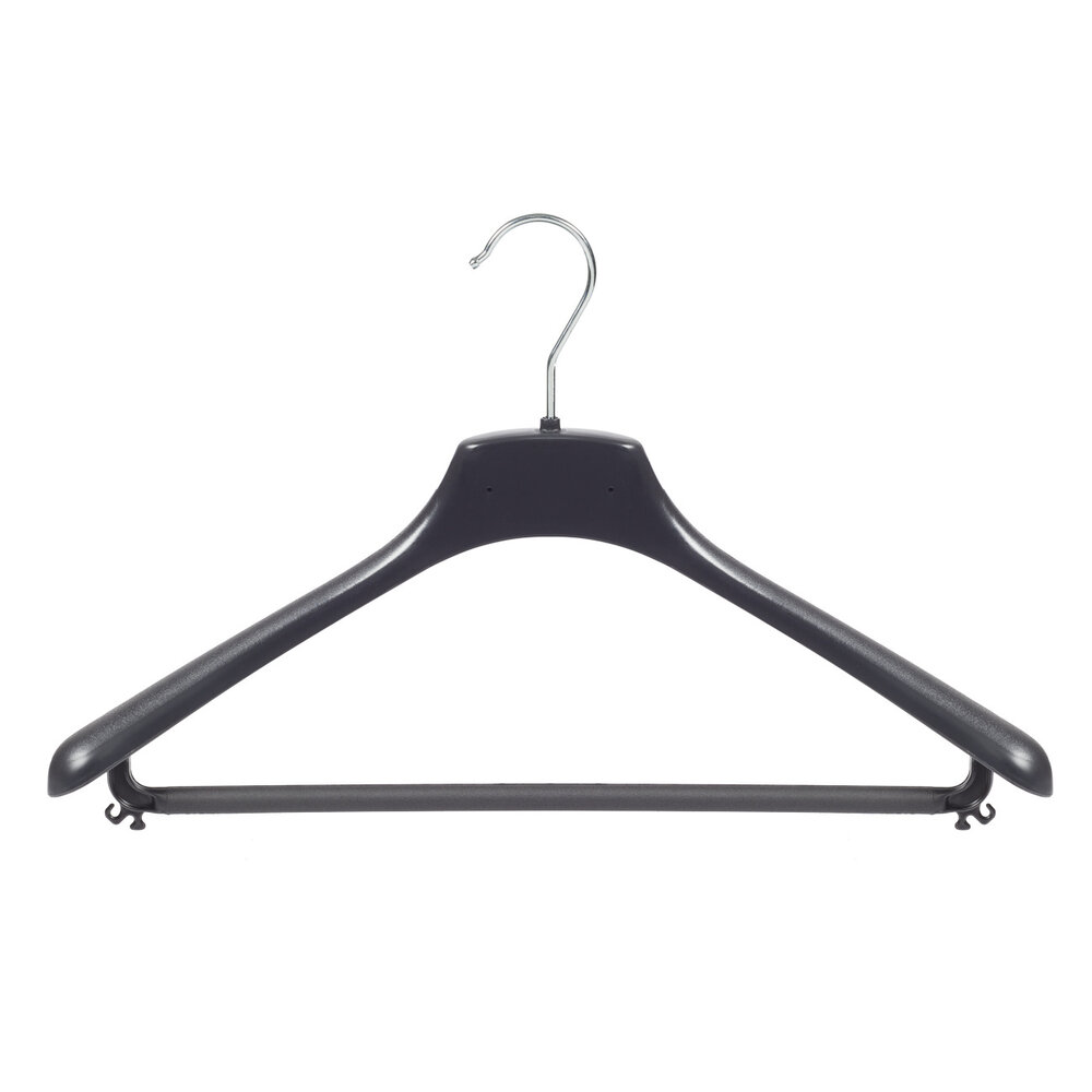 Cintre veste / costume (galbé) plastique noir avec épaules larges et barre Cintre veste / costume (galbé) plastique noir avec épaules larges et barre