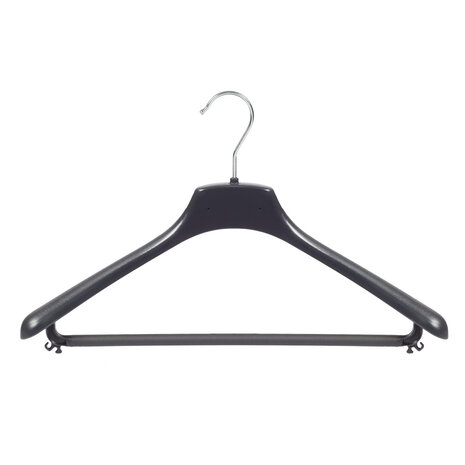 Cintre veste / costume (galbé) plastique noir avec épaules larges et barre Cintre veste / costume (galbé) plastique noir avec épaules larges et barre