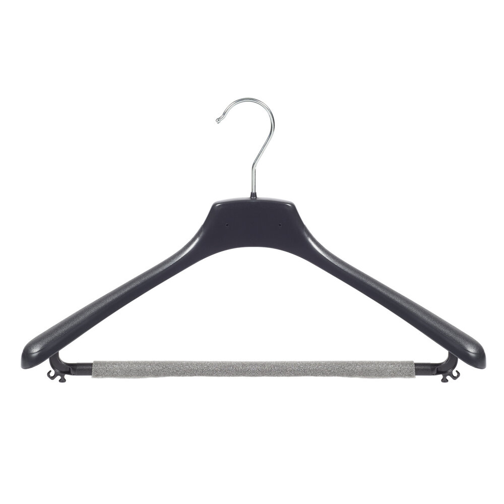 Cintre veste / costume (galbé) plastique noir avec épaules larges et barre antidérapente (mousse 2 mm) Cintre veste / costume (galbé) plastique noir avec épaules larges et barre antidérapente (mousse 2 mm)