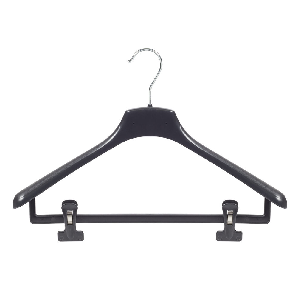 Cintre veste / costume (galbé) plastique noir avec épaules larges et pinces antidérapantes Cintre veste / costume (galbé) plastique noir avec épaules larges et pinces antidérapantes